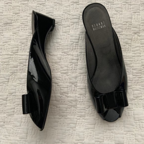 Stuart Weitzman Shoes - Stuart Weitzman Candy black patent wedge bow mules